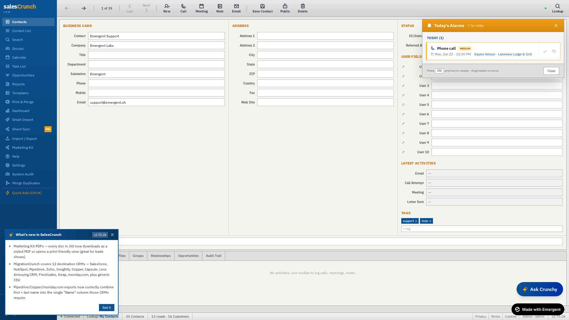 First login showing the ACT-style contact card with alarms and whats-new