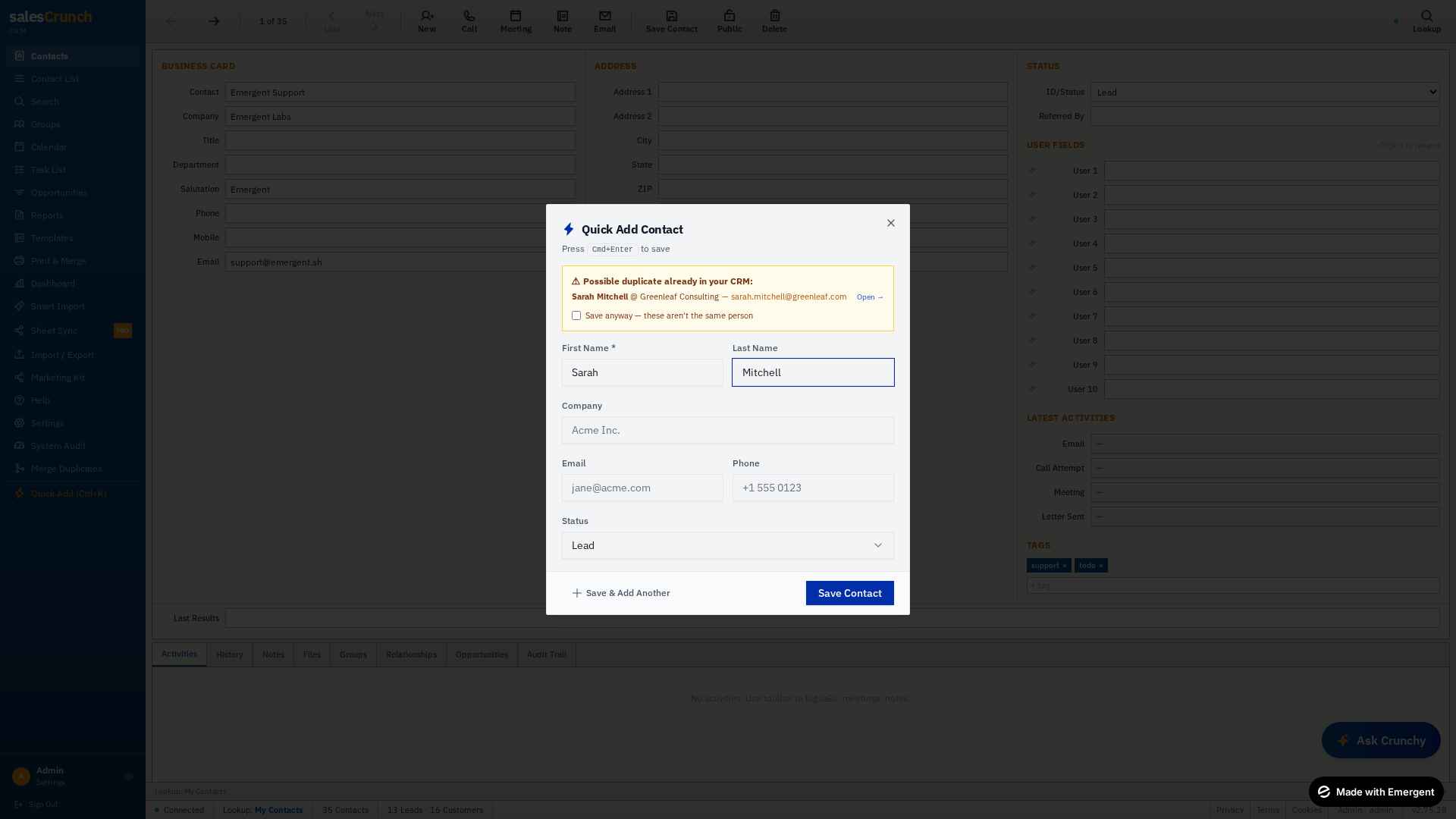 Quick Add Contact modal