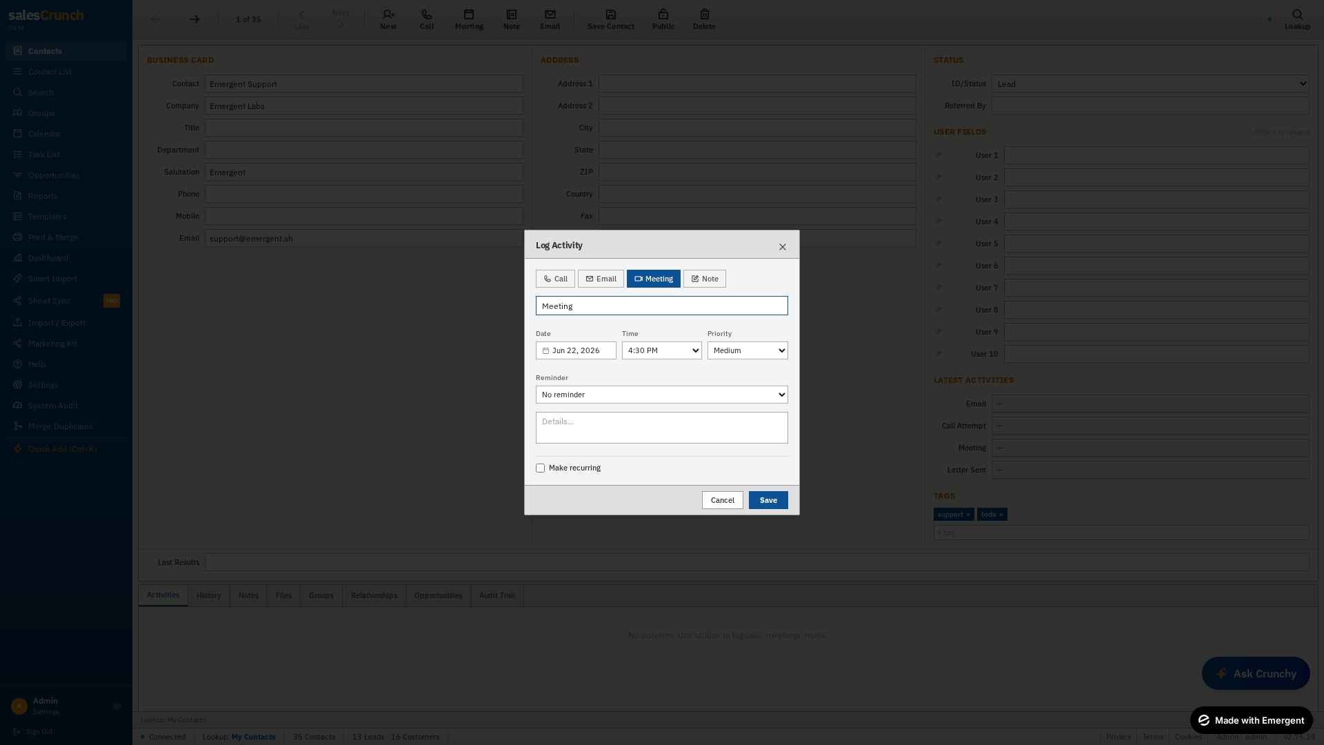 Log Activity dialog showing the Meeting tab
