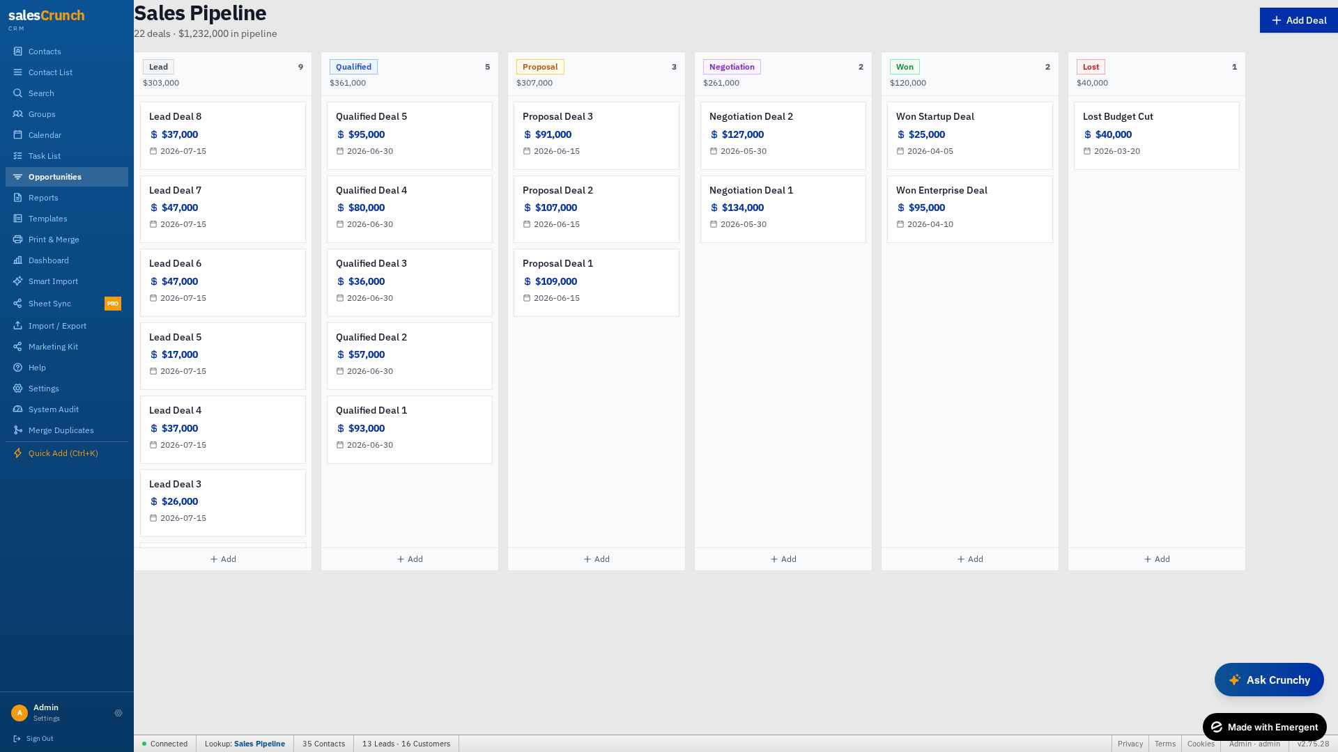 Sales Pipeline Kanban with six stages