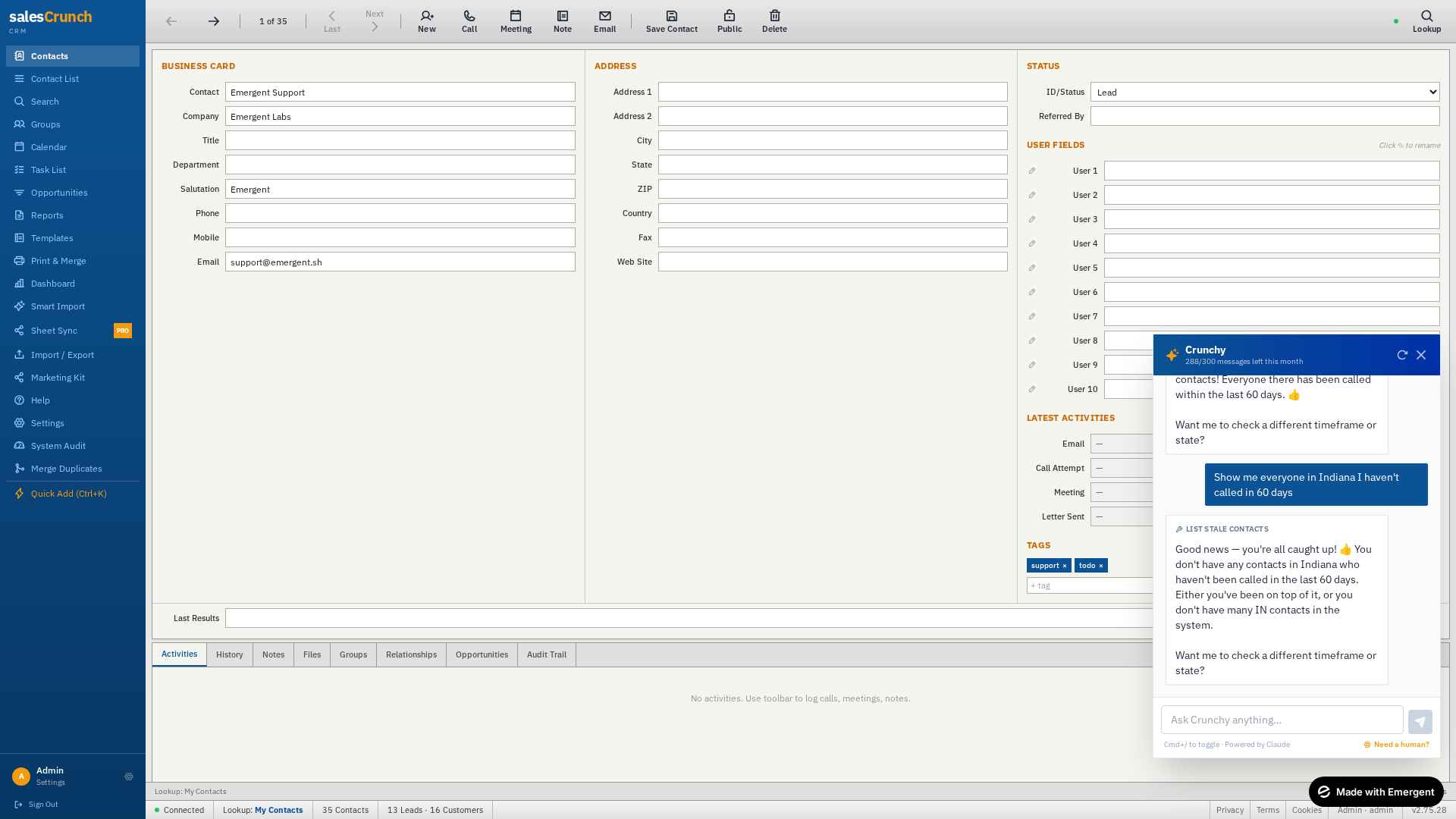 Crunchy AI drawer answering a stale-contacts question
