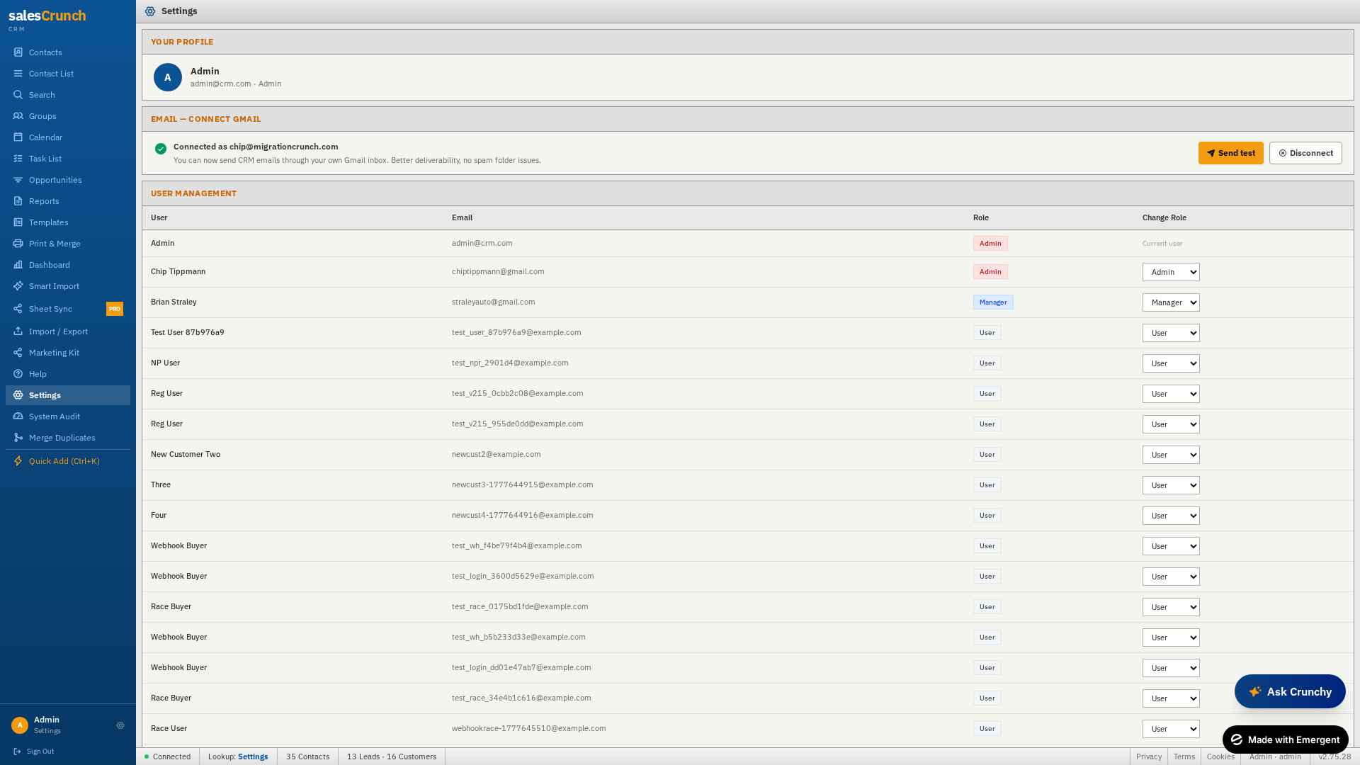 Settings page showing Profile, Email, and User Management sections