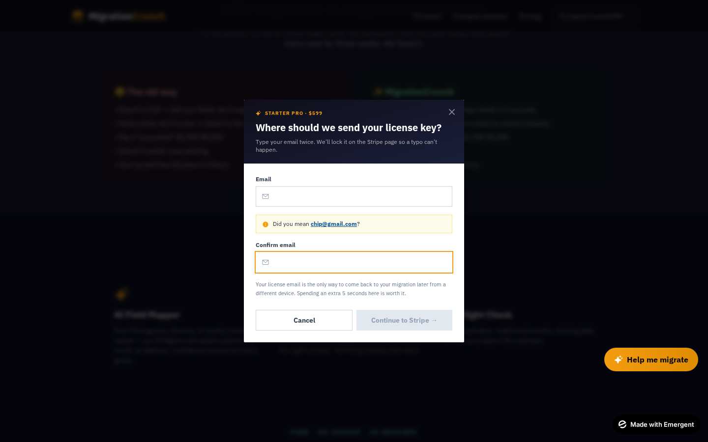 Email confirmation gate before Stripe