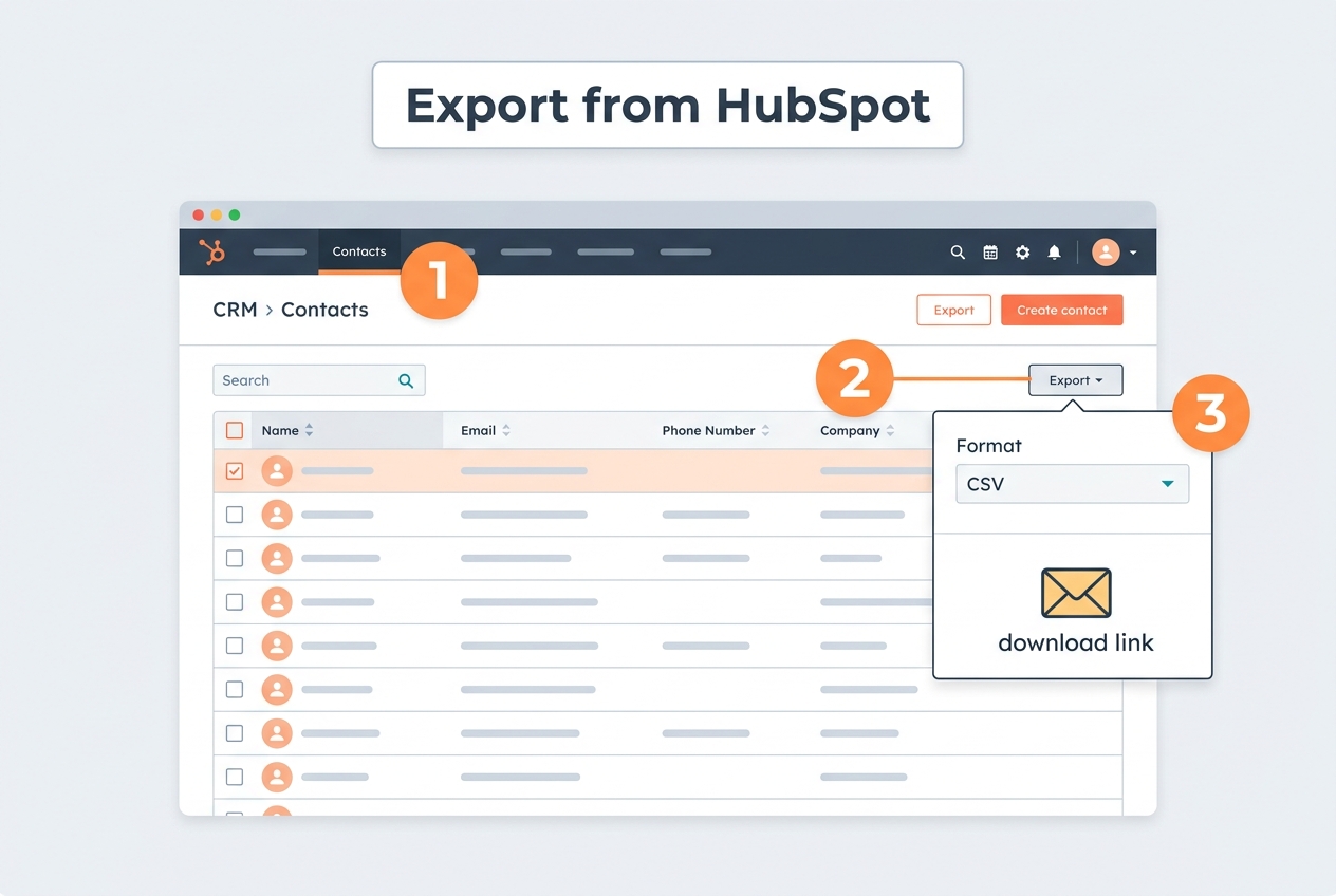 Where to find the export button in HubSpot