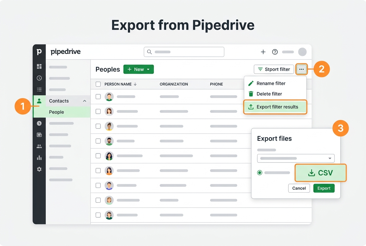 Where to find the export button in Pipedrive
